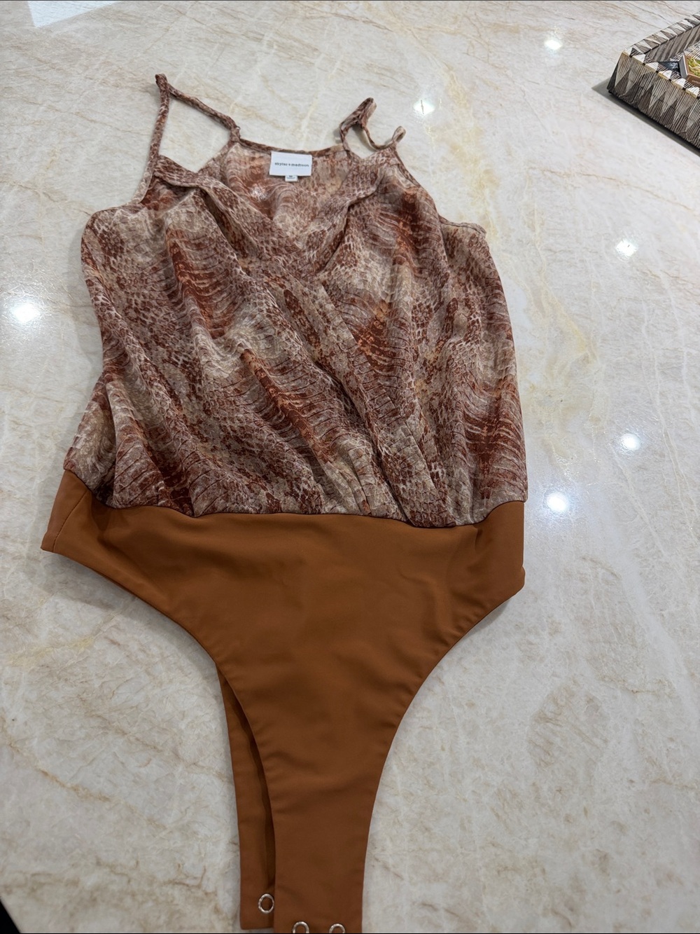 Skylar + Madison Brown Patterned Bodysuit with Solid Tan Bottom